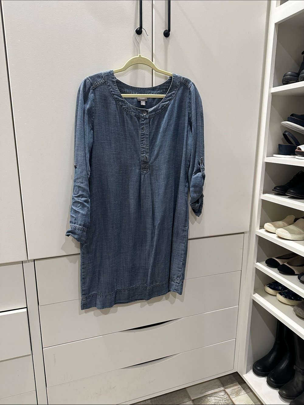 Light Blue Denim Midi Dress with Button-Placket - Women's